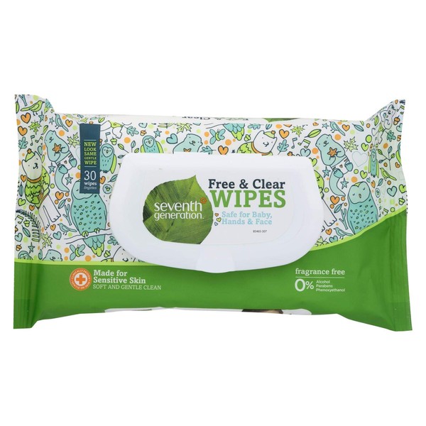 Seventh Generation Free and Clear Baby Wipes Travel Pack, 30 Count (Pack of 12)