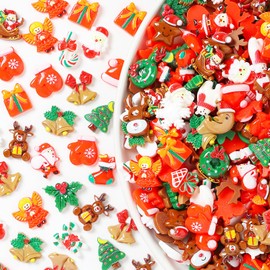 Christmas Slime Charms, Pack of 100 Resin Christmas Charms Flatback Christmas Crafts Supplies Assorted Santa Snowflakes Christmas Decoration for DIY Crafts Ornament Scrapbooking Embellishments