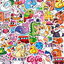 50 PCS Cute Stickers, Mixed Adorable Animal Stickers Bulk, Reusable Waterproof Kawaii Vinyl Sticker for Water Bottles