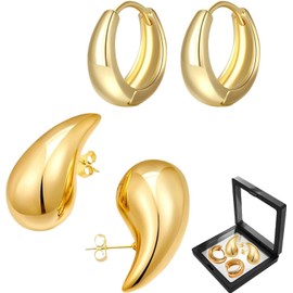 2 pares de Aretes Dorados Gruesos, Aretes de Gota de Lágrima y arete de Aro