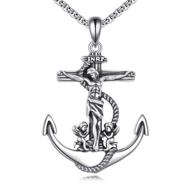 S925 Sterling Silver Men's Catholic Anchor Necklace - Religious Sailor Boat Pendant for Men - Christian Faith Jewelry Gift