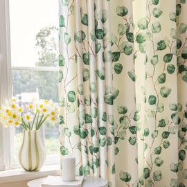 SUOUO Green Leaves Chenille Curtains for Bedroom 96 inches Long 2 Panels Grommet Top Patterned Boho Light Filtering Window Drapes Set for Dining Living Room