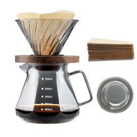 Mongdio Pour Over Coffee Maker, 20 oz High-Heat Borosilicate Glass Coffee Maker with 100pcs V60 Paper Filters, Walnut Handle & Glass Lid, Drip Coffee Maker Set for Home Café Restaurant - 600ml, Gray