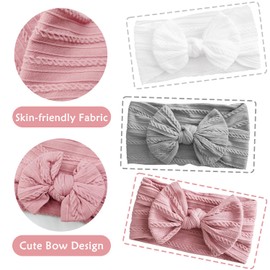 3 Pieces Baby Turban Headband Baby Hair Bands Bows for Girls Soft Bow Headwear Elastic Hair Bands for Toddlers Newborn (Grey/White/Pink)