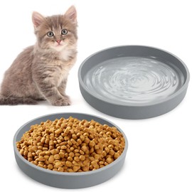 Apatal Silicone Cat Food Bowls Shallow Cat Dishes 5.9in Wide Pet Plates Set of 2 Small Flat Dog Saucer Bowl Cute Whisker Fatigue Kitten Feeding Dish for Dry & Wet Food (Round Grey)