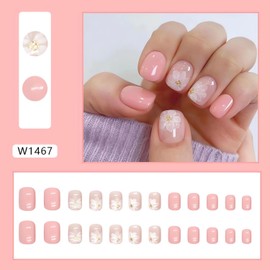 Flower Press on Nails Short Square Fake Nails Glossy Pink Nails Press ons with White Flowers Designs Cute Short Acrylic Nail Kit Spring Summer Nail Designs Short Flower Glue on Nails for Women 24Pcs