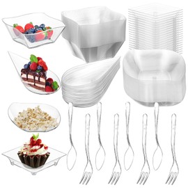 AojSup 400 Pcs Mini Dessert Plates Set, 4 Assorted Shapes Small Appetizer Plates Disposable with 100 Plastic Spoons & 100 Forks, Clear PS Plastic for Party Wedding Birthday