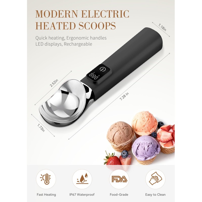 Ice Cream Scoop, Heated Ice Cream Scoop Rechargeable | Black