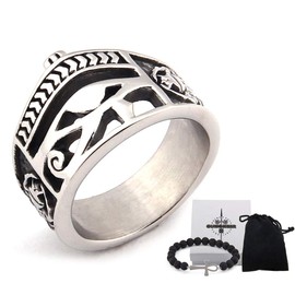 Gungneer Stainless Steel Wedjat Eye of Horus Ring Scarab God of Egypt Pyramid Ancient Vintage Jewelry