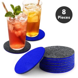 Felt Coasters Set of 8 with Coaster Holder, Double Sided Plain Round Coasters for Drinks, 5mm Thick Felt, Highly Absorbent Cup Mats (Blue, Grey)