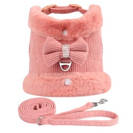 Beirui Cute Warm Small Dog Harness and Leash Set with Bow Tie, Soft Padded Puppy Harness with Removable Fur Collar, Adjustable Girl Dog Harness with Quick Release Buckles for Walking(Pink,XS)