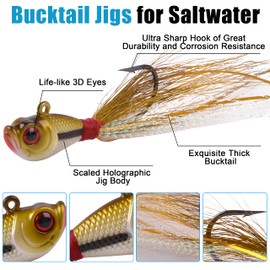 Bucktail Jigs Saltwater Fluke Lures, 5pcs Bucktail Hair Jigs Head Flukes Fishing Lures Assorted Kit for Striped Bass Walleye Snook Rockfish Redfish 1/4oz 1/2oz 1oz 1.5oz 2oz
