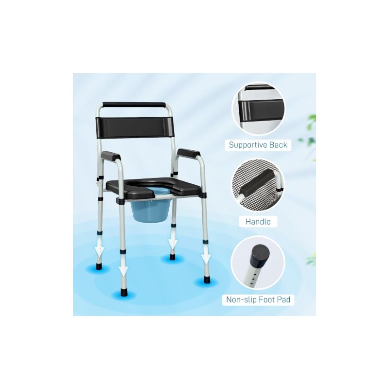 HOMCOM Commode Chair for Elderly w/Arms and Back, Removable Bucket,