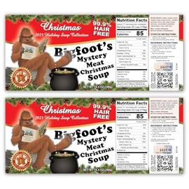 Bigfoot Christmas Mystery Meat Soup Novelty Soup Can Labels - FUNNY GAG Gift - Xmas Stocking Stuffer, White Elephant Party, Secret Santa - Party Decorations, Supplies and Favors - Bigfoot Hunter, Tracker, Sasquatch (2)