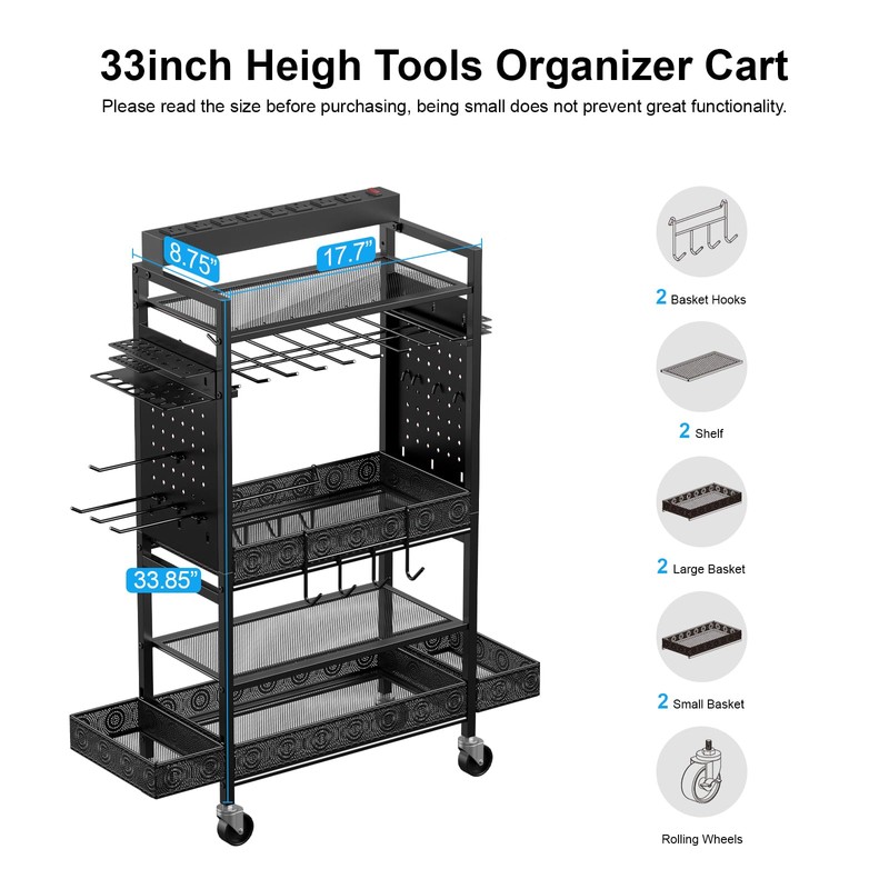 CCCEI Garage Power Tools Organizer Cart with Charging Station, Black