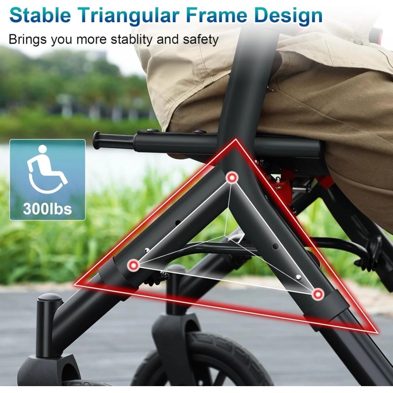 MAXWALK 12" Rubber Wheels All-Terrain Rollator Walker w/Seat Backrest Folding