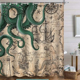 Fungarth Vintage Green Nautical Octopus Shower Curtain Mermaid Funny Ocean Kraken Shower Curtains for Bathroom Cool Anchor Coastal Map Waterproof Fabric Bath Curtain with Hooks (Retro2, 72” x 72”)