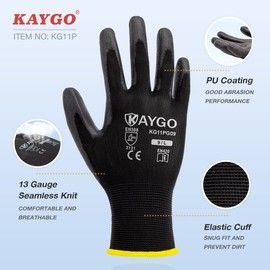 KAYGO Work Gloves PU Coated-12 Pairs, KG11PB, Black Safety Working Gloves with Secure Grip on Palm & Fingers, for Men and Women, Ideal for General Duty Work, Gardening (Medium, Black)