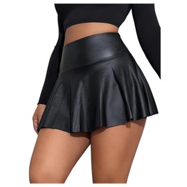 GORGLITTER Women's A Line Flared Ruffle Hem Leather Skort High Waisted Party Mini Shorts Black XL