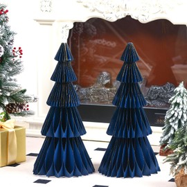 2 Pcs 20 Inch Large Paper Christmas Trees Decorations 3D Blue Honeycomb Neutral Christmas Trees Glitter Edge Magnetic Folding Xmas Paper Crafts for Xmas Home Mantel Holiday Party Decorations