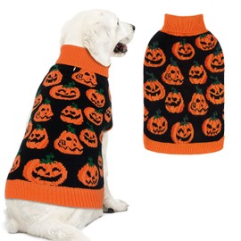 EXPAWLORER Suéter de Halloween para perro, suéter de calabaza y otoño con orificio para correa, ropa cálida de cuello alto para perros pequeños, medianos y grandes, color naranja, L