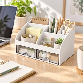 Desktop Organizer with Drawers for Office Supplies – Multi-Compartment Storage Box with Clear Drawers for Desks and Vanities