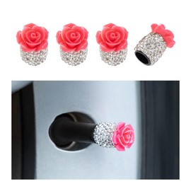 KHGUZ Bling Car Valve Stem Caps, 4PCS Crystal Rhinestone Rose Flower Vehicle Wheel Tire Tire Valve Covers, Dustproof Diamond Auto Air Cap Covers, Universal for Bicycle Trucks Motorcycles (Red)