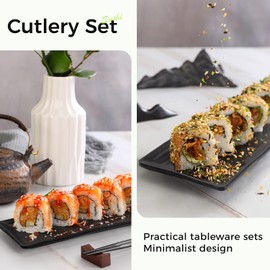 Virklyee Japanese Sushi Crockery Set 12 Pieces Black Sushi Plate Set Style with 4 Plates, 4 Pairs Chopsticks, 4 Chopstick Holders Suitable for Restaurants, Families and Hotels