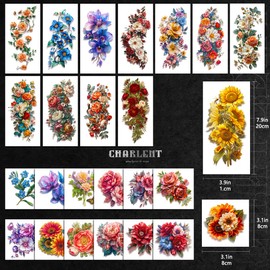 CHARLENT 3D Flower Sleeve Temporary Tattoos for Women - 25 Sheets Realistic Flower Fake Tattoos for Arm Leg Body/Long Last/Waterproof