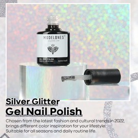 modelones Glitter Gel Nail Polish,15 ML Sparkle Silver Gel Polish Soak Off Chrome Platinum Glitter Nail Polish Set Manicure Nail Art DIY Salon Home Holiday Gift for Women