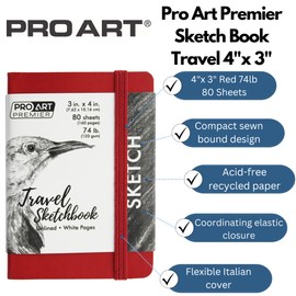 Pro Art Premier Sketch Book Travel 4"x 3" White 74lb Red 80 Sheets, Sketch Book, Sketchbook, Drawing Pad, Sketch Pad, Drawing Paper, Art Book, Drawing Book, Art Paper, Sketchbook for Drawing