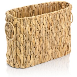 Nagpew Woven Magazine Holder, Narrow Wicker Trash Can with Metal Frame Handles, Water Hyacinth Toilet Paper Storage Basket for Small Paper Roll, Bathroom, Living Room