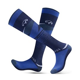 OutdoorMaster Ski Socks, 2-Pair Pack Skiing and Snowboarding Thermal Socks for Men with OTC Design w/Non-Slip Cuff, Geometric Patterns - Dark Blue, Medium
