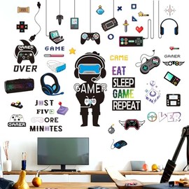 Gamer Wall Stickers - Controller Eat Sleep Games Joystick Video Gaming Wall Decals - Boys Bedroom Playroom Baby Kids Room Wall Decor
