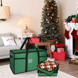 Christmas Ornament Storage Box with Dividers, Holds 128 Balls, Green