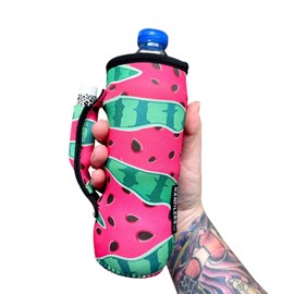 Lit Handlers Neoprene Water Bottle Sleeve - 16oz Insulated Water Bottle Holder & 24oz Can Water Bottle Holder for Walking, Running, & Cycling Water Resistant Drink Cover, Watermelon