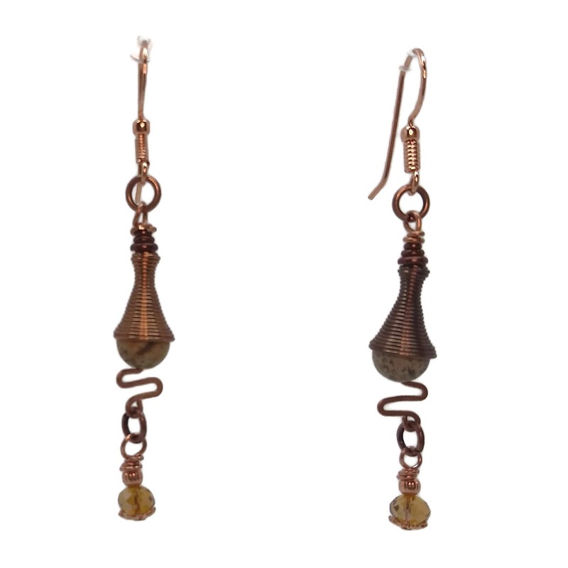 Landscape Jasper Copper Earrings, Boho Style, Nickel Free, Zig Zag,