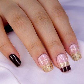 24 Pcs French Tip Press on Nails Medium Square False Nails Glitter Dark Red Full Cover Glue on Nails Bling Fake Nails Acrylic Coffin Nails Stick on Nails for Exquisite Women DIY, Rose Gold&Brown