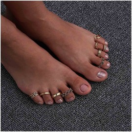 Sttiafay Boho Totem Pattern Ankle Toe Ring Set Joint Stackable Toe Rings Stylish Open Ring Foot Accessories Jewellery for Women and Girls (9 Pieces), Metal