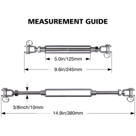 AOKOLL 3/8 Inch M10 Jaw & Jaw Turnbuckle for Cable Rope Tension, 304 Stainless Steel, 1200 lbs Load (2PCS)