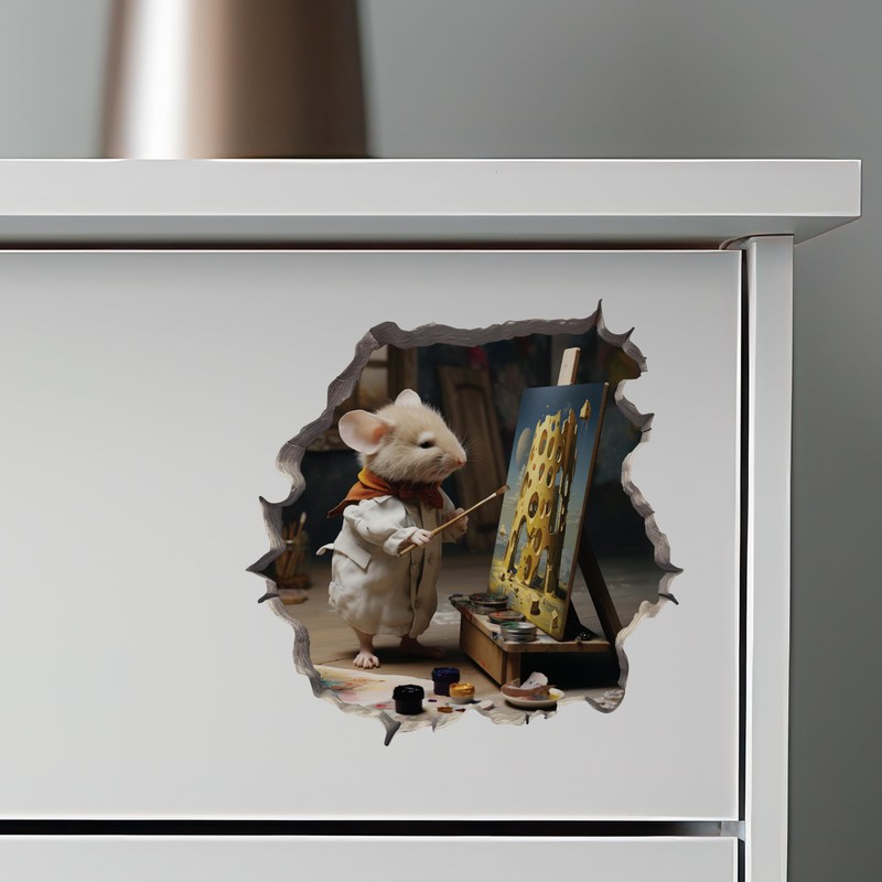 Painter Artist Mouse in Hole Decal - 3D Wall Sticker