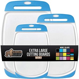 Gorilla Grip Original Oversized Cutting Board, 3 Piece, Perfect for the Dishwasher, Juice Grooves, Larger Thicker Boards, Easy Grip Handle, Non Porous, Extra Large, Kitchen, Set of 3, Aqua