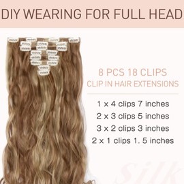 Silk-co Hairpiece Extensions Clip in Hair Extension Long Curly Wavy 8 Pcs Full Head 18 Clips Synthetic Heat Resistant [24 inch Light Brown&Blond]
