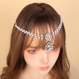 BERYUAN Sparkling Crystal Rhinestone Pearls Pendant Headchain Bohemian Rhinestone Pearls Headchain Silver Wedding Hair Accessories for Women