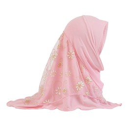 NICEYST Girls Ice Silk Muslim Khimar Hijab Headscarf Flower Arab Scarf Shawls Neck Wrap Islamic Head Wrap for Age 2-7 Years (Style 2-Light Pink)
