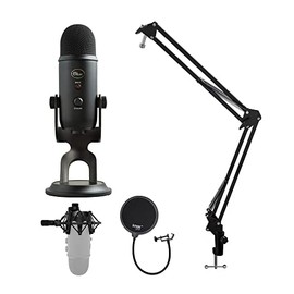 Blue Yeti Microphone (Blackout) with Knox Boom Arm Stand, Pop Filter and Shock Mount Bundle