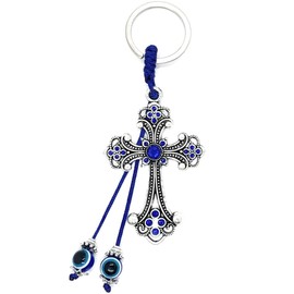 LUCKBOOSTIUM Cross Keychain Ring w/Evil Eye Tassel, Sign of Good Luck & Blessing, Trendy Cute Charm for Home Keys, Office, Bag, Good Luck, Rear View Mirror Car Accessories Ornament Thoughtful Gift