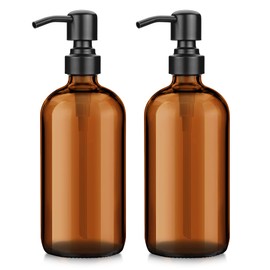 AmazerBath Amber Glass Soap Dispenser, 2 Pack Thick Amber Pint Jar Bottle with Black Pump Stainless Steel, 17 Oz Bathroom Hand Soap Dispenser for Liquid Lotion, Dish Soap Dispenser for Kitchen