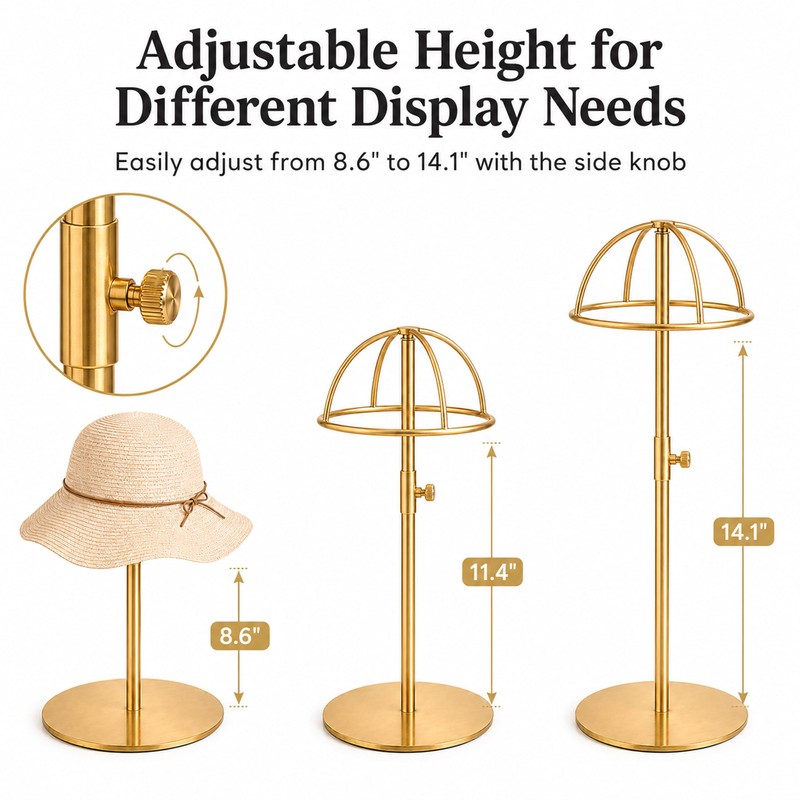 Lorveelo Hat Display Stand 3PCS, Gold Stainless Steel Adjustable Hat
