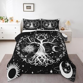 Erosebridal Tree of Life Queen Comforter Set Hippie, Sun and Moon Bedding Set 3Pcs Black and White Astrology Decor, Galaxy Space Stars Constellations Quilt Comforter Kids Teens Adults Bedroom Decor